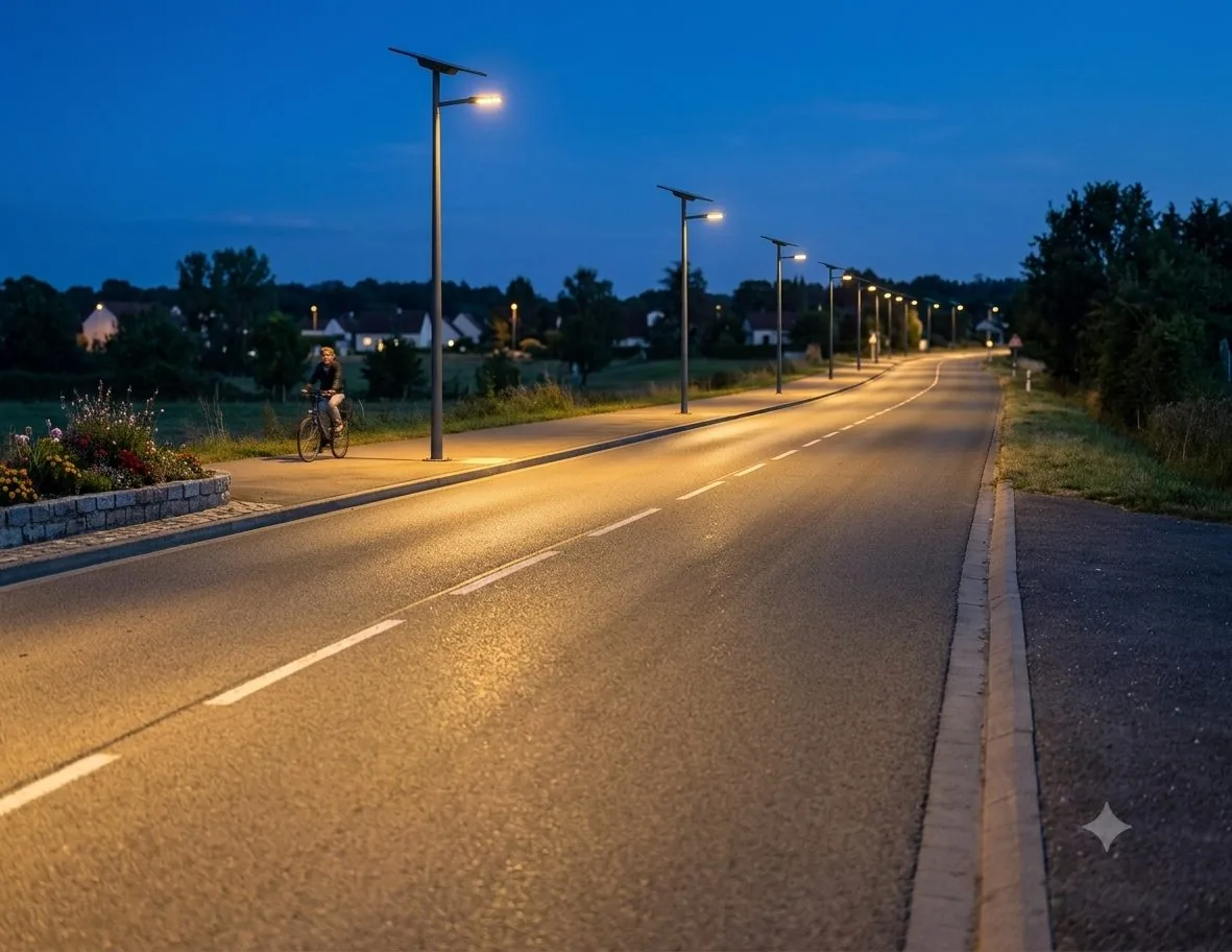 Route de campagne éclairée par des candélabres solaires autonomes à la tombée de la nuit