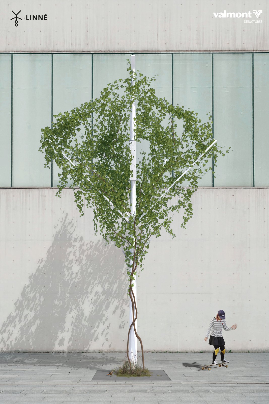 Candélarbre Linné végétalisé : houppier de grimpantes en forme d'arbre autour d'un mât d'éclairage, devant une façade, une skateuse passe à son pied