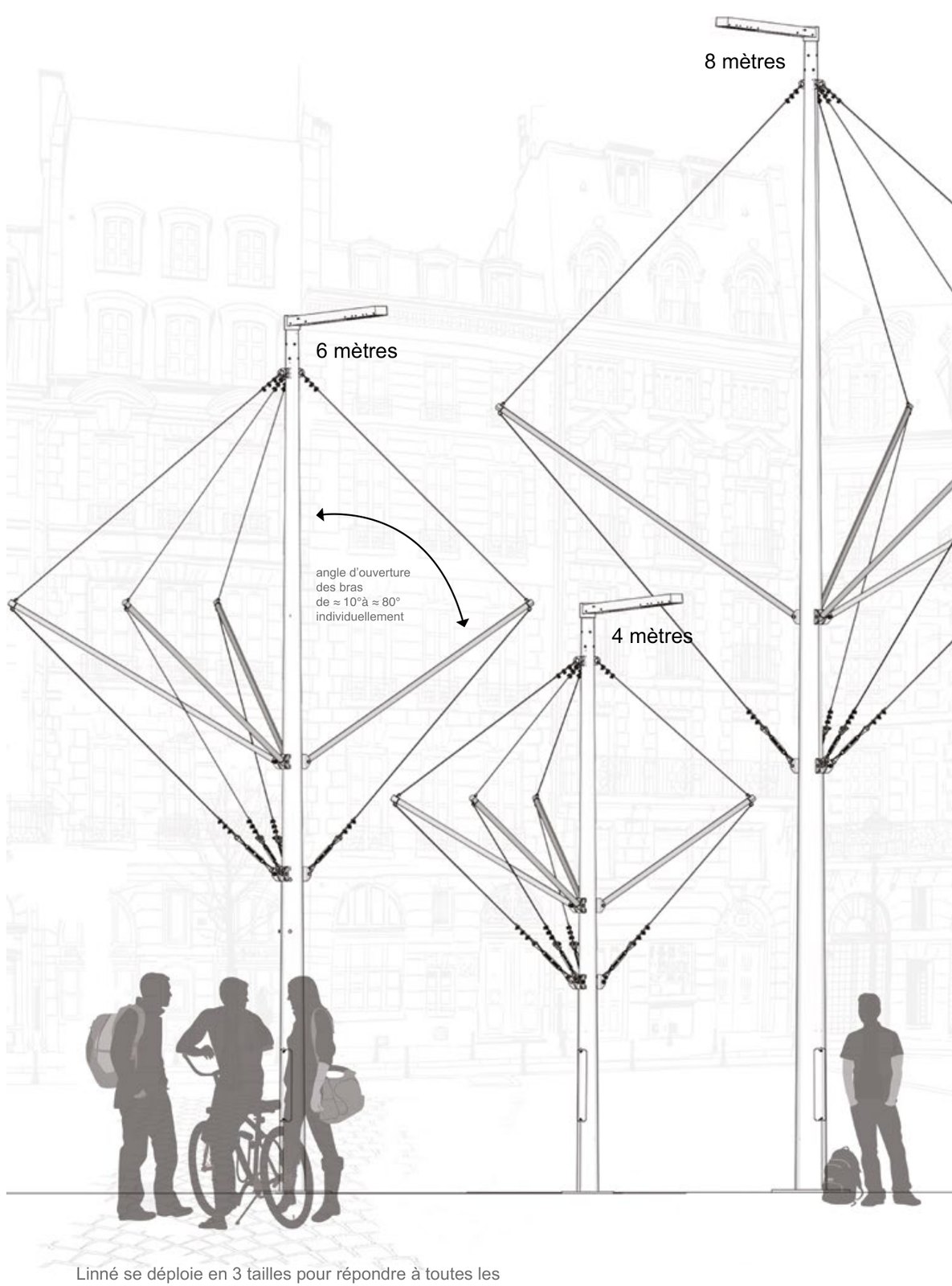 Dessin technique des trois tailles du mât Linné, 4, 6 et 8 mètres, bras articulés ouverts, silhouettes de passants à l'échelle