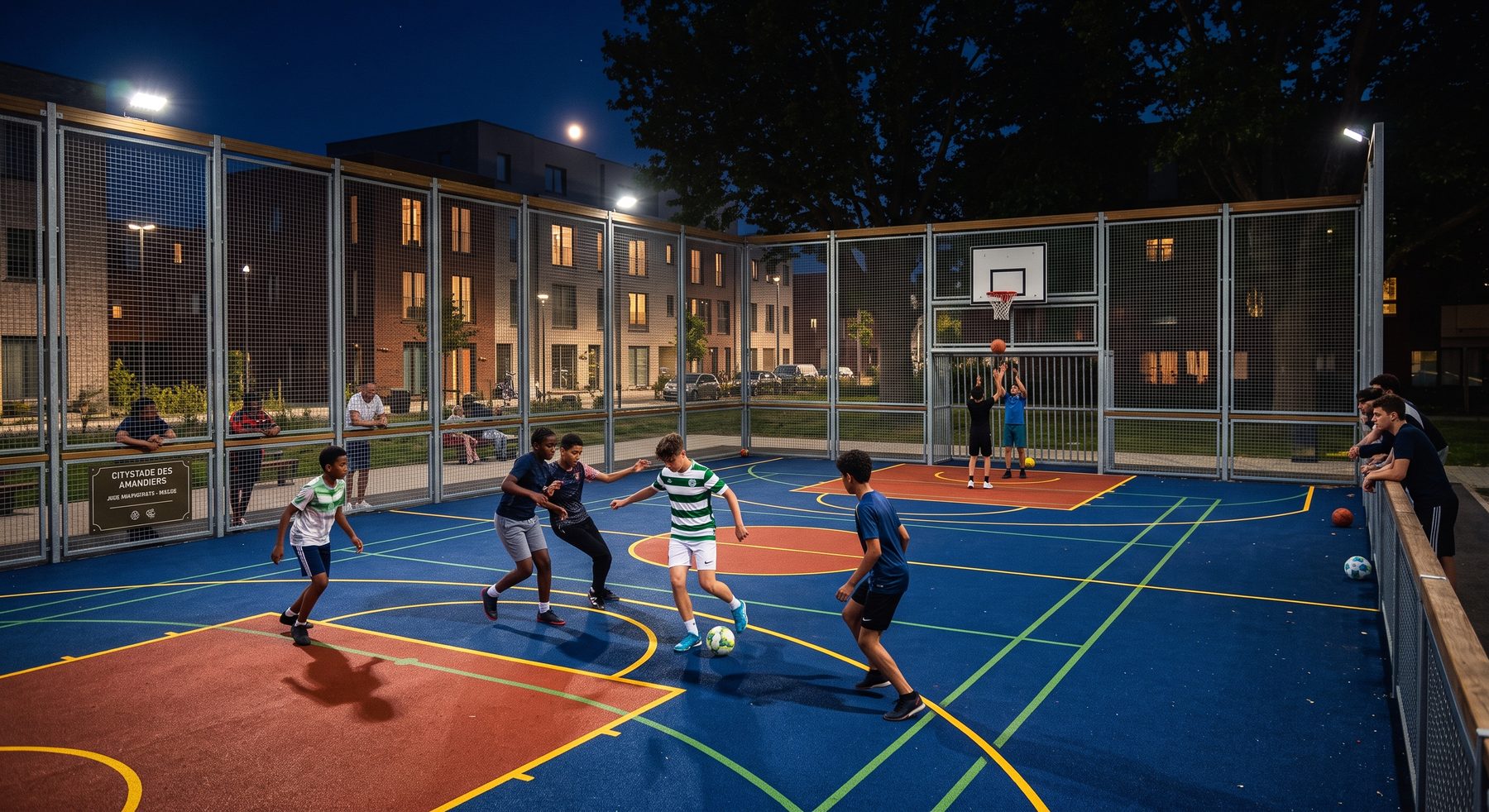 City-stade de quartier éclairé de nuit, jeunes jouant au foot et au basket