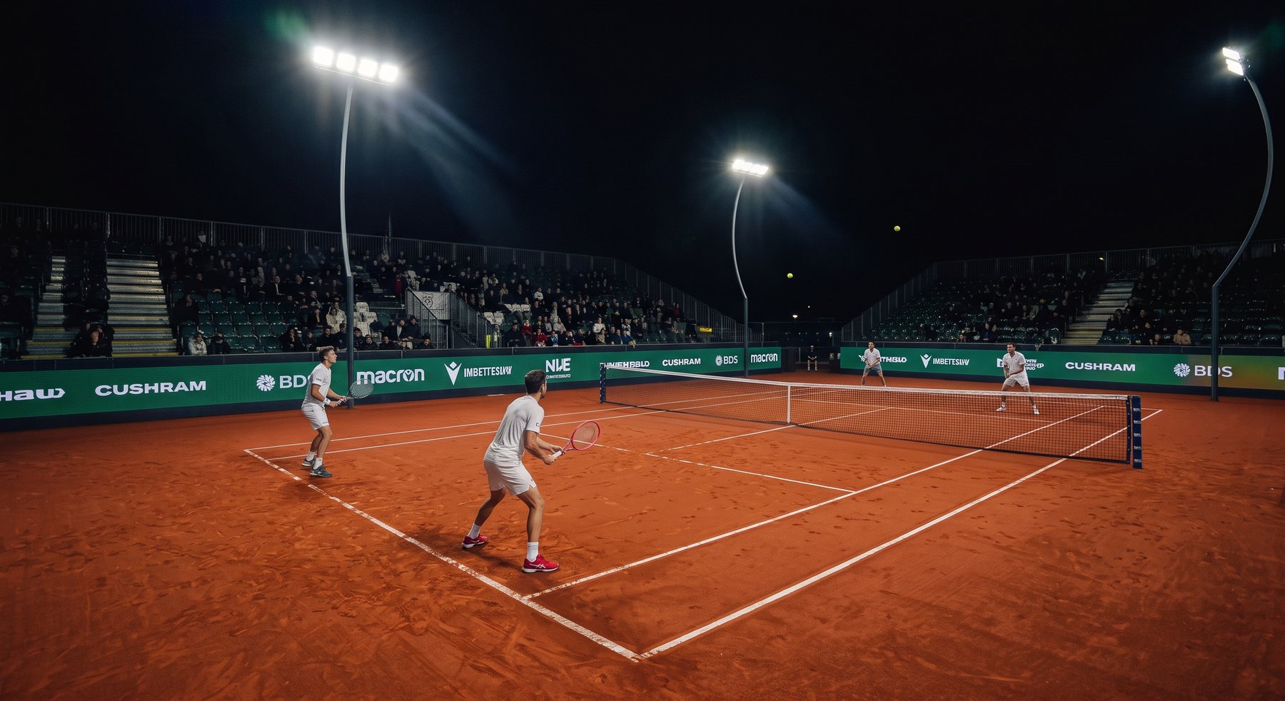 Court de tennis en terre battue éclairé de nuit, match de double devant les tribunes