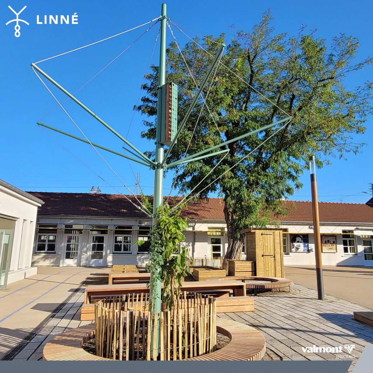 Candélabre végétal Linné de Valmont : mât central et bras articulés végétalisés sur une place piétonne